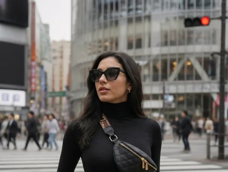 Woman in black outfit standing on Tokyo crosswalk
