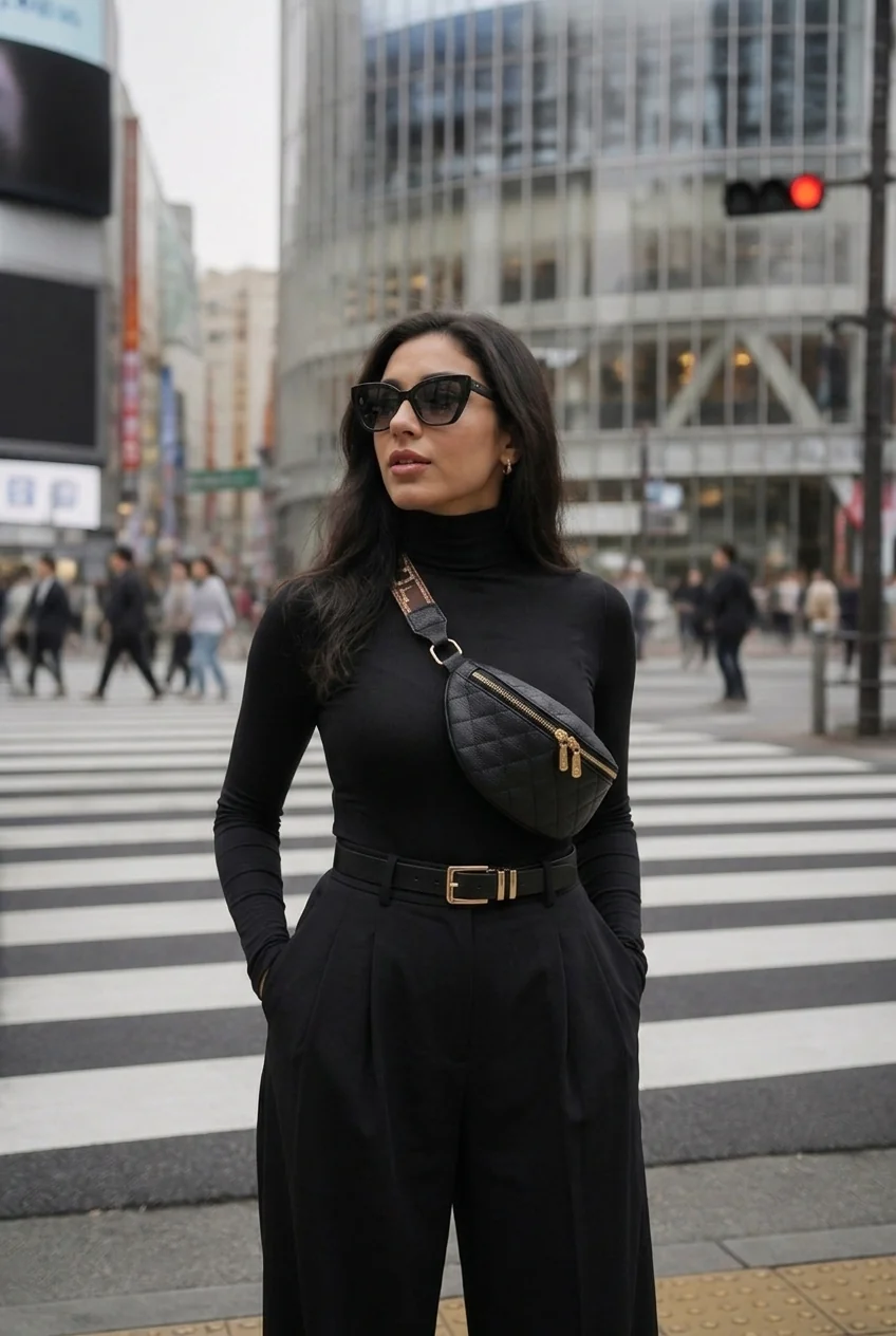 Woman in black outfit standing on Tokyo crosswalk