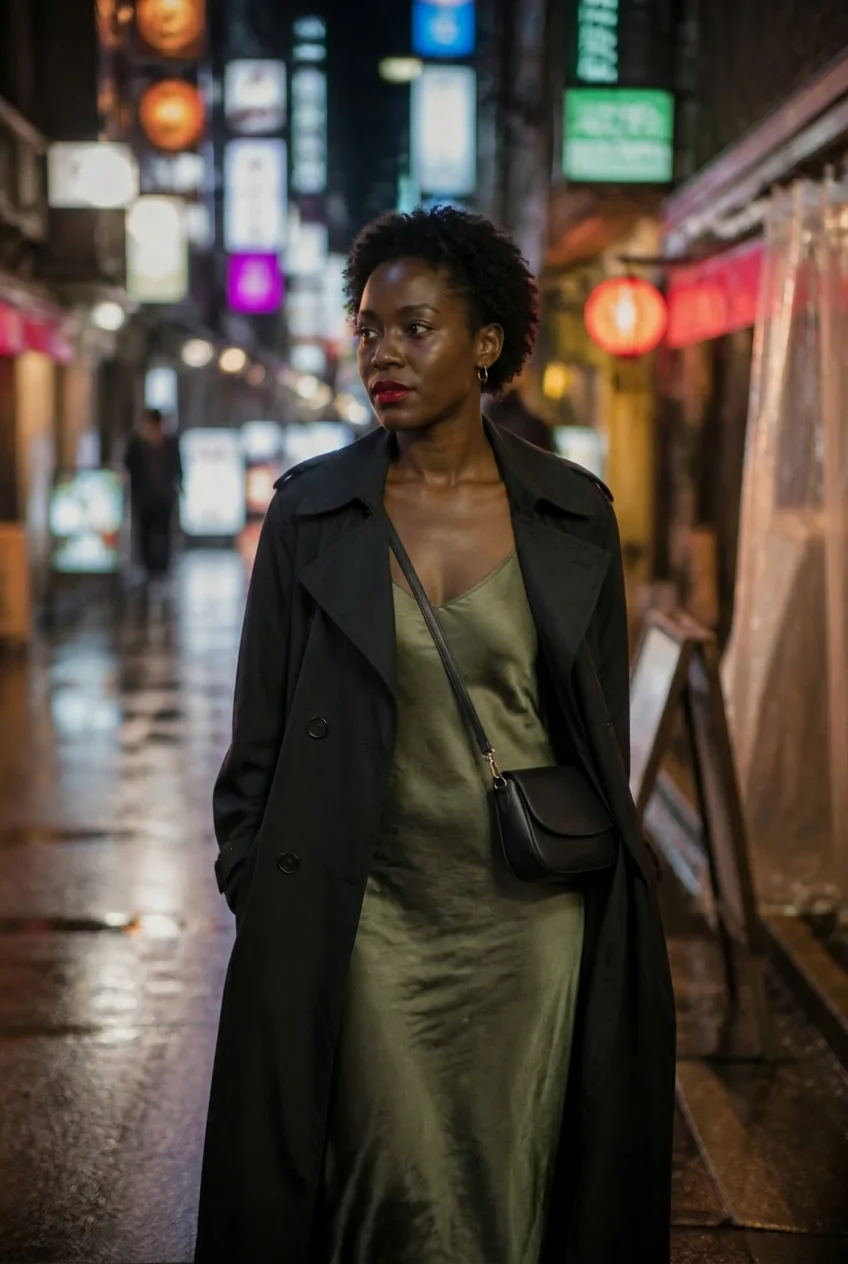 Woman in trench coat walking through Tokyo neon street at night