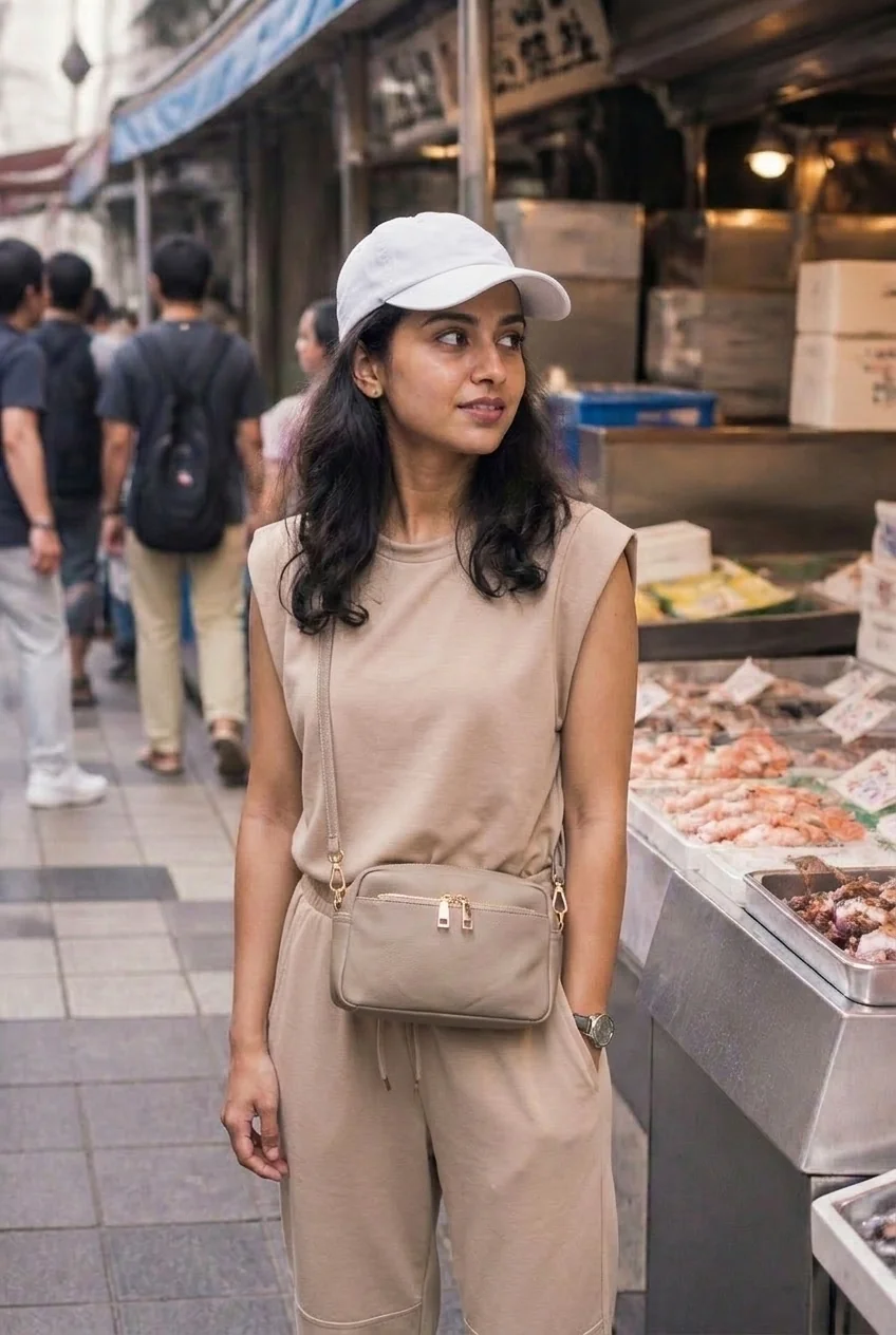 Woman in beige jumpsuit and white cap at Tokyo fish market
