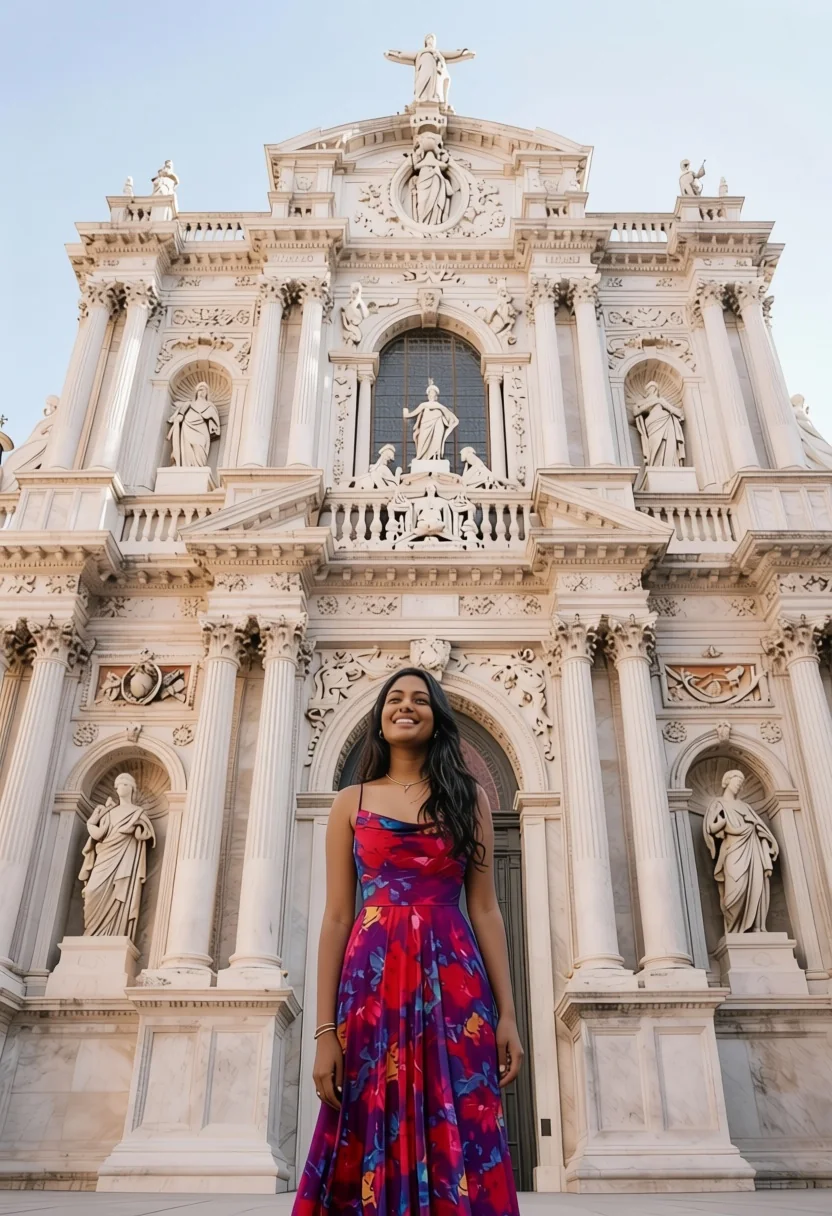 Woman in floral dress standing in front of ornate Venetian church facade.