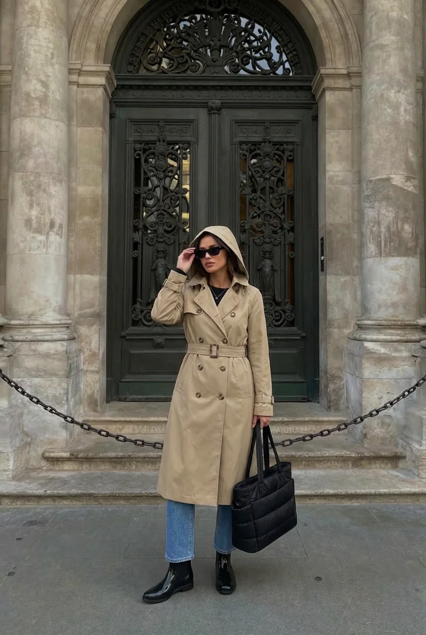 Woman in beige trench coat and blue jeans standing in front of ornate Venetian doorway