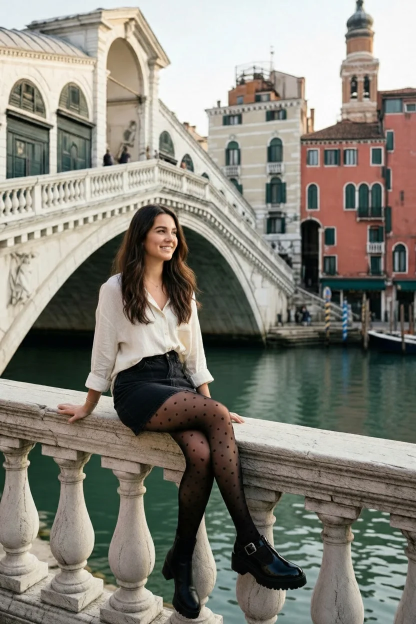 Woman sitting on stone railing beside canal in Venice wearing white blouse and black skirt with polka dot tights and black sh