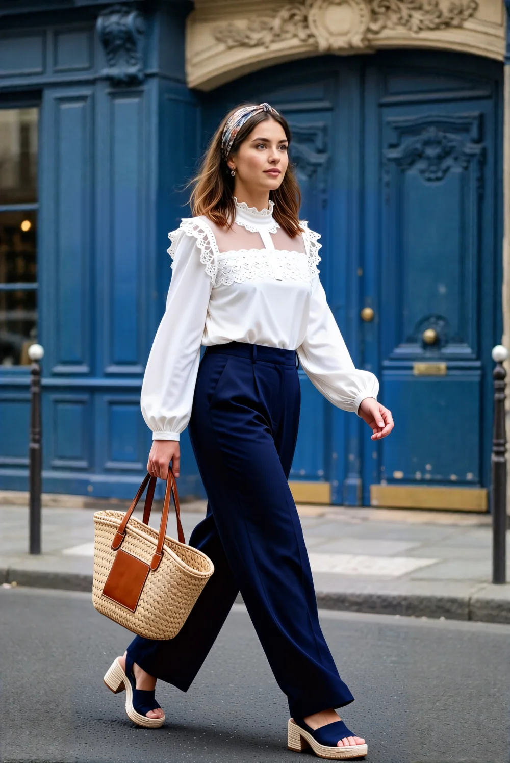 Woman walking down Paris street wearing white blouse and navy trousers
