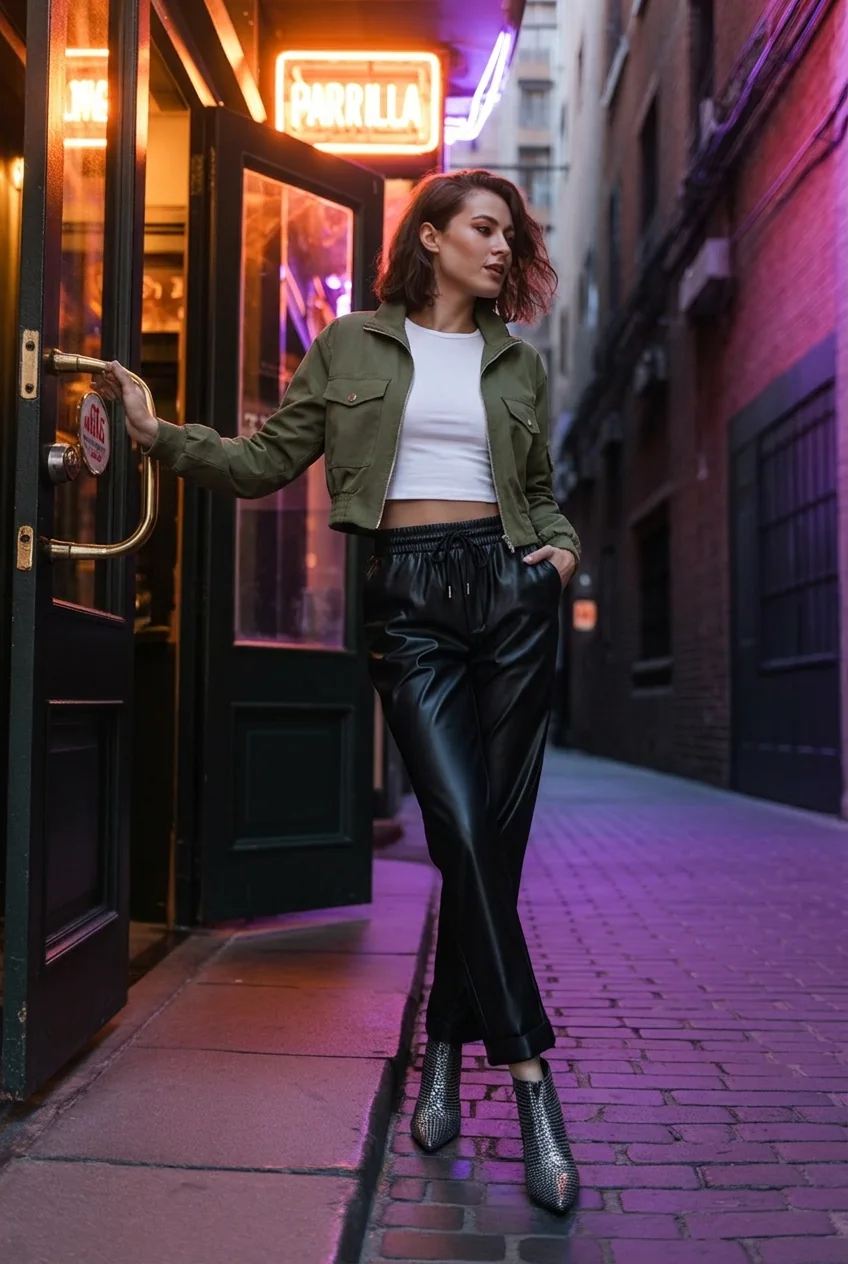 Woman in olive jacket and black pants standing outside a Buenos Aires parrilla at night.