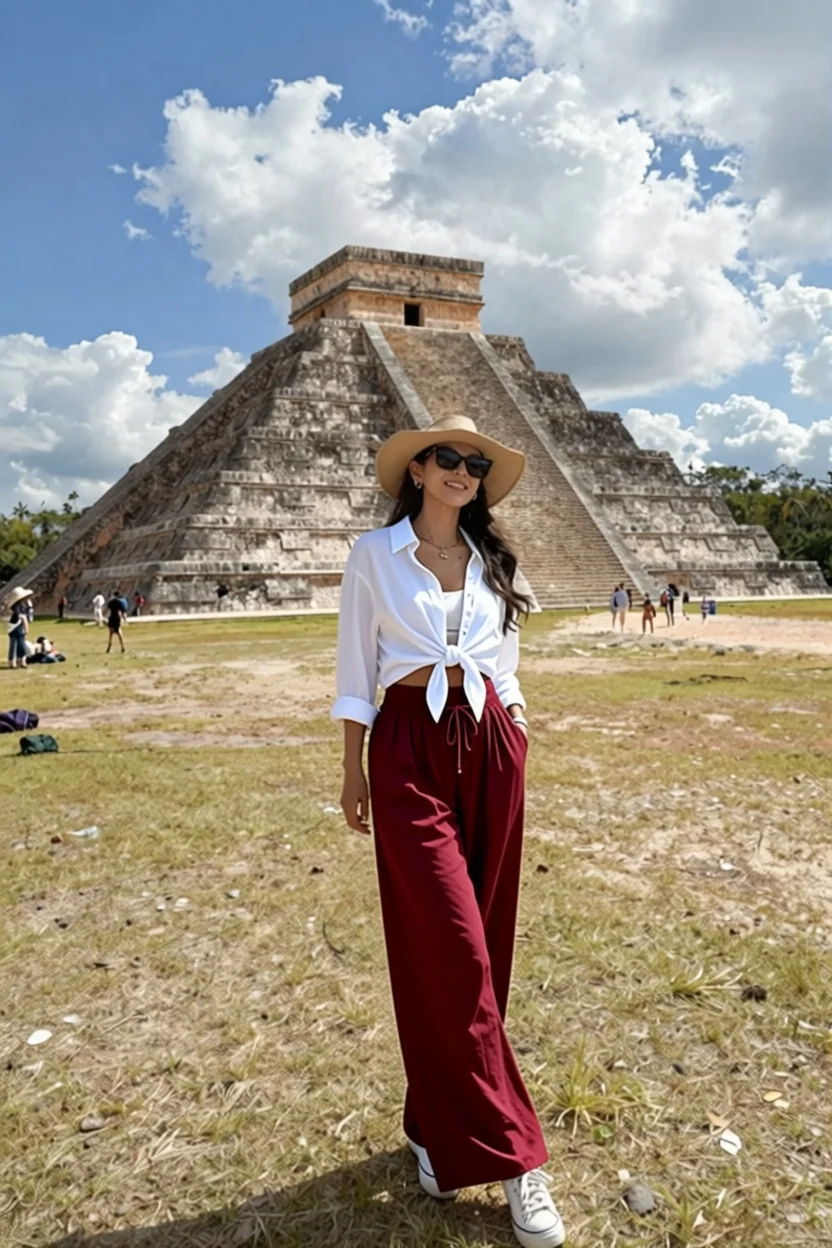 Woman wearing travel outfit in front of ancient pyramid in Mexico