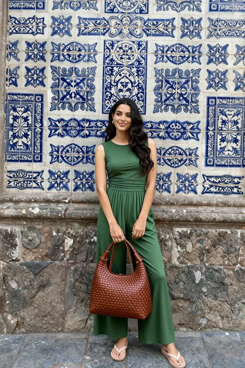 Woman in green jumpsuit and woven bag standing against blue and white tiled wall in Mexico City.