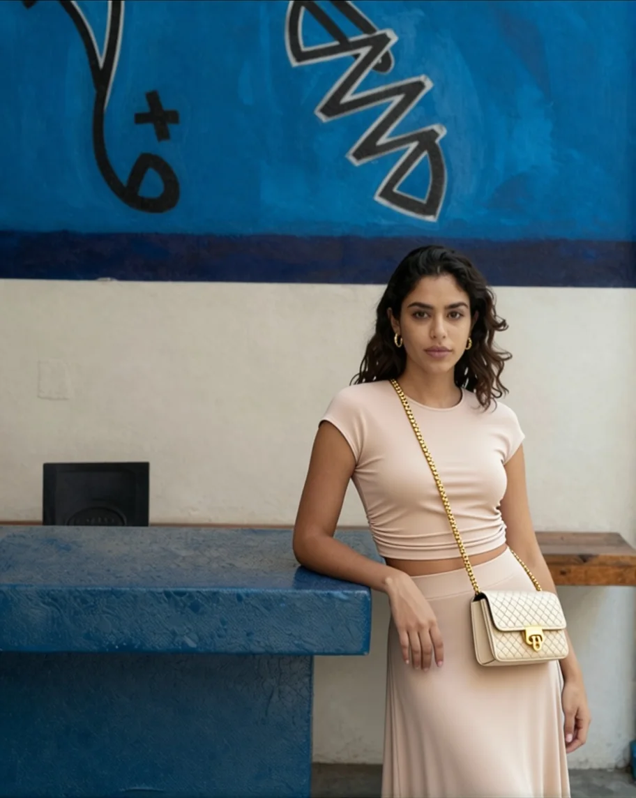 Woman in neutral-toned outfit standing against a blue and white wall with graffiti art