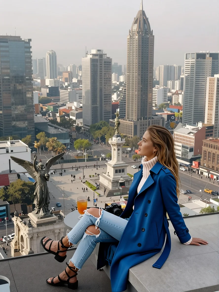 Woman in blue coat and jeans overlooking Mexico City skyline from rooftop