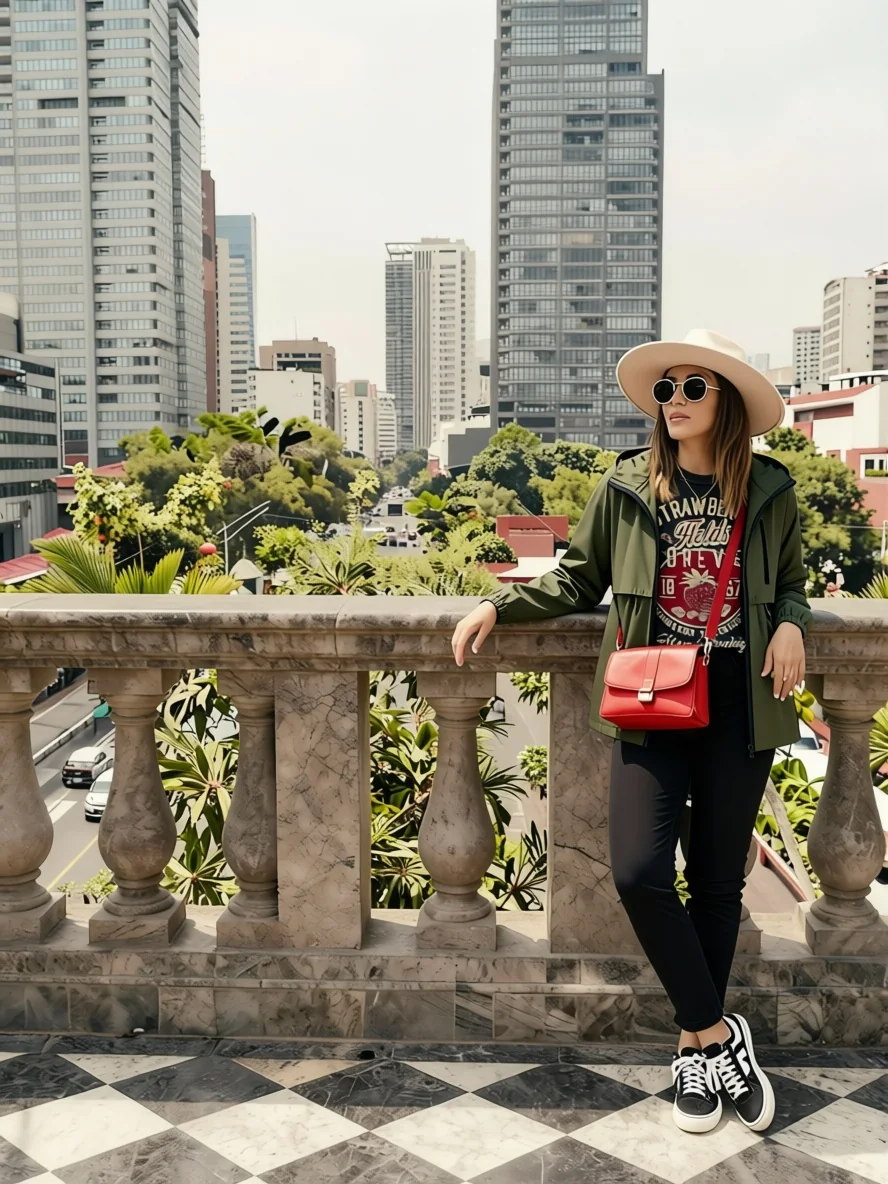 Woman in casual travel outfit on balcony overlooking Mexico City skyline.