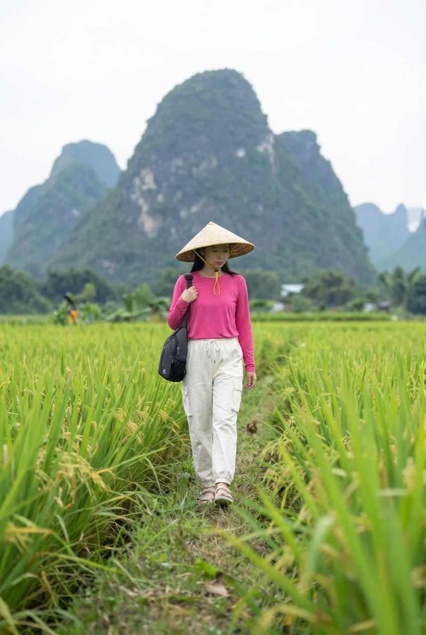 Woman walking through rice fields in Vietnam wearing travel-appropriate clothing and conical hat.