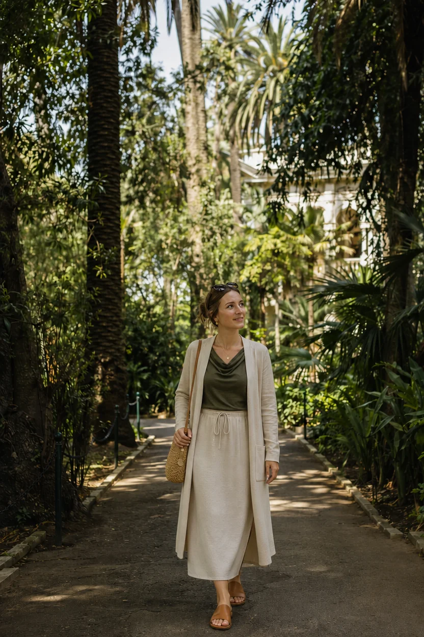 A woman walks along a shaded path in a lush garden wearing a linen outfit with a cardigan and sandals.