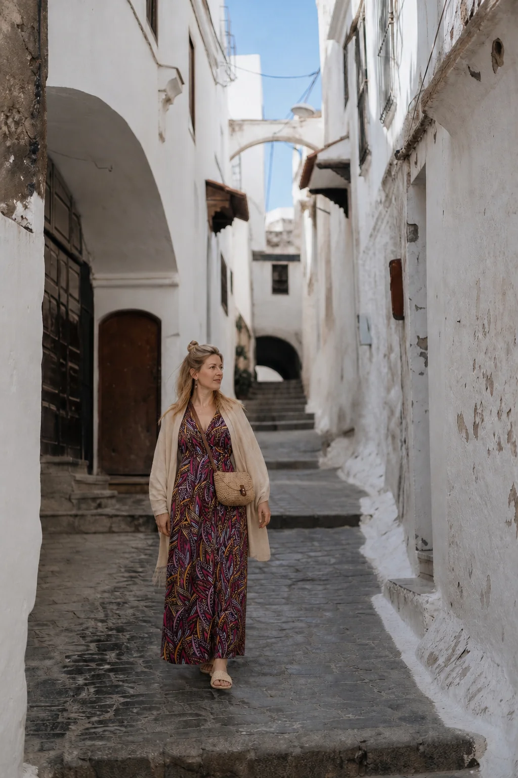 Woman walking down a narrow, white-washed alley in Algeria wearing a long patterned dress and light cardigan.