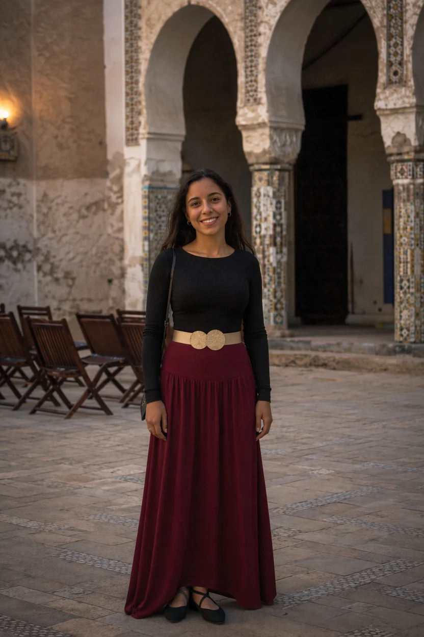 A woman in a black top and maroon skirt stands smiling in an ornate courtyard with arched doorways.
