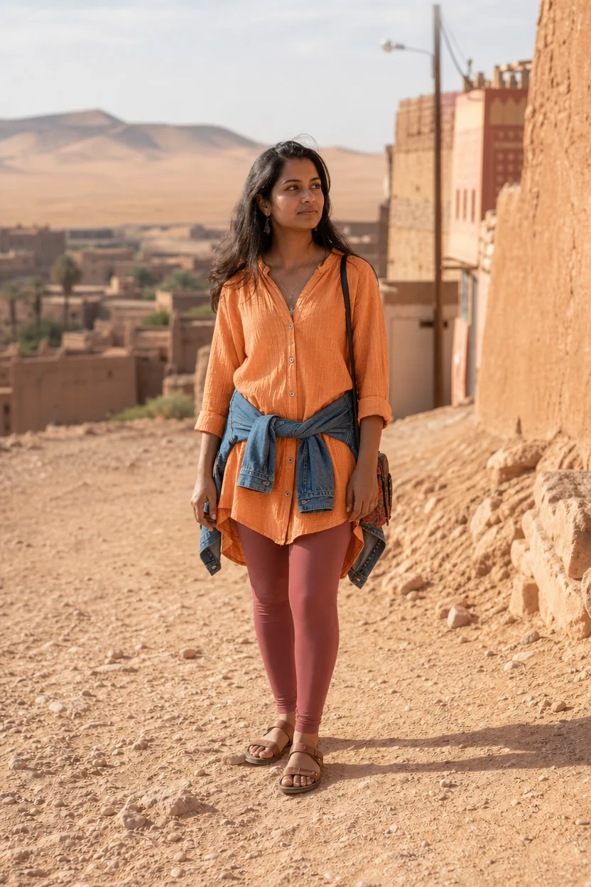 Woman in orange shirt and pink leggings standing on a dirt path near desert buildings with dunes in the background.