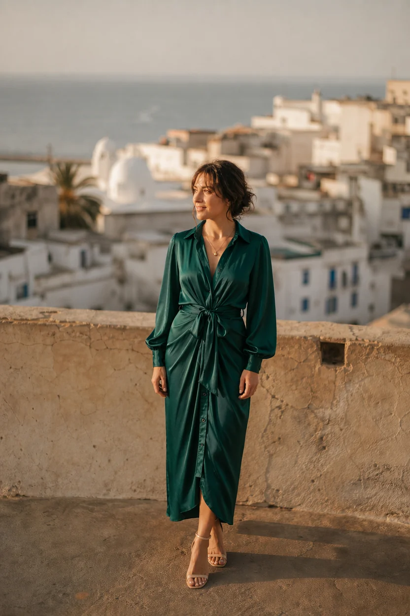 Woman in emerald wrap dress standing on a rooftop overlooking a coastal town at sunset.