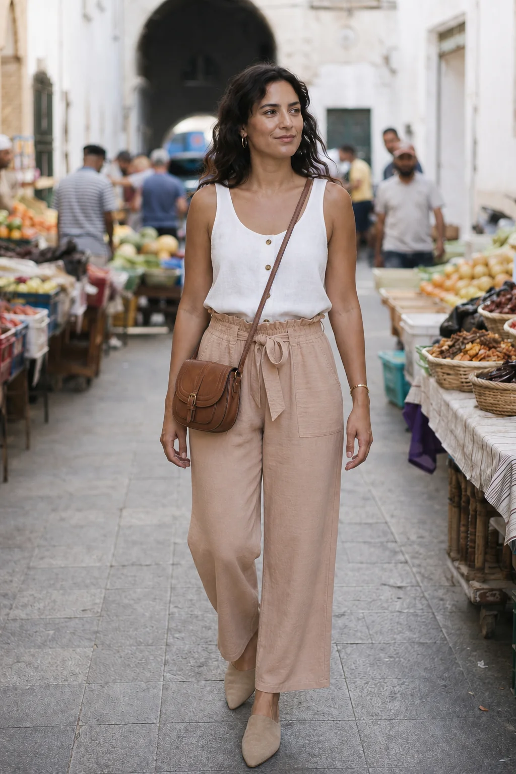 Woman in white linen top and beige linen trousers walking through an outdoor market.