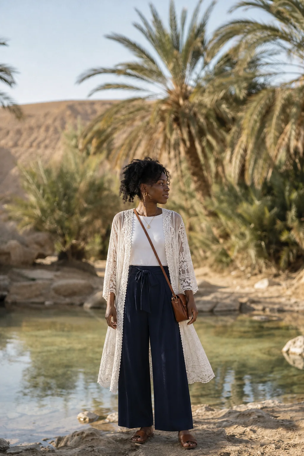 A woman stands by a desert oasis wearing navy culottes, a white lace cardigan, and brown sandals with a crossbody bag.