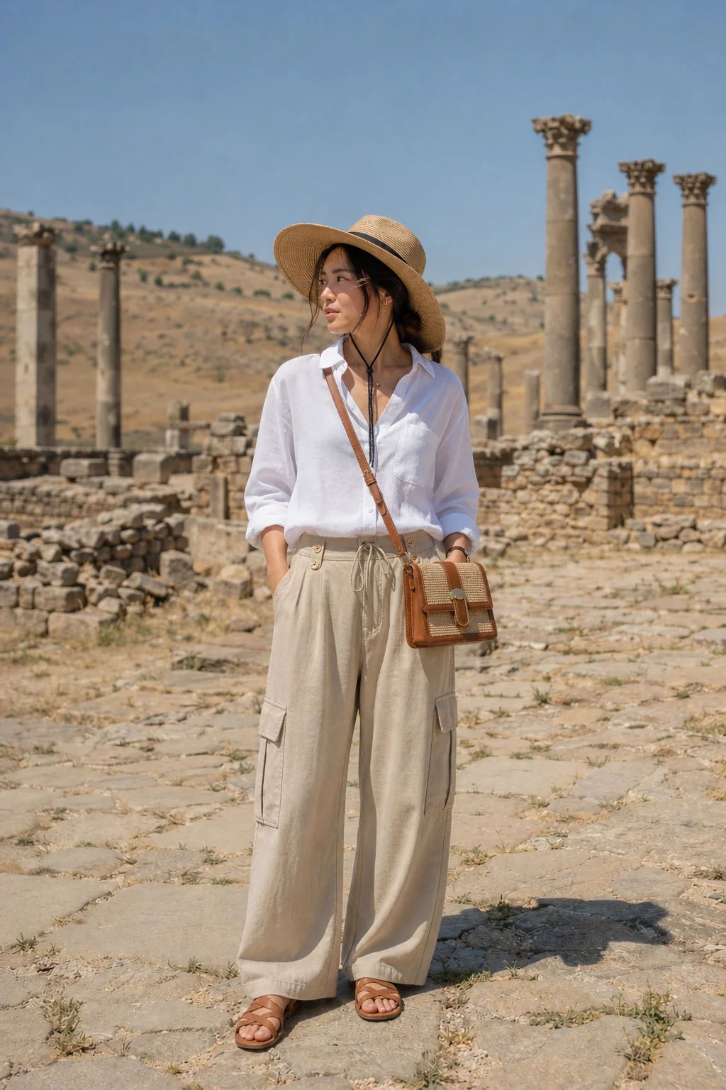 Woman in linen shirt and cargo pants stands among ancient stone columns in a desert landscape.