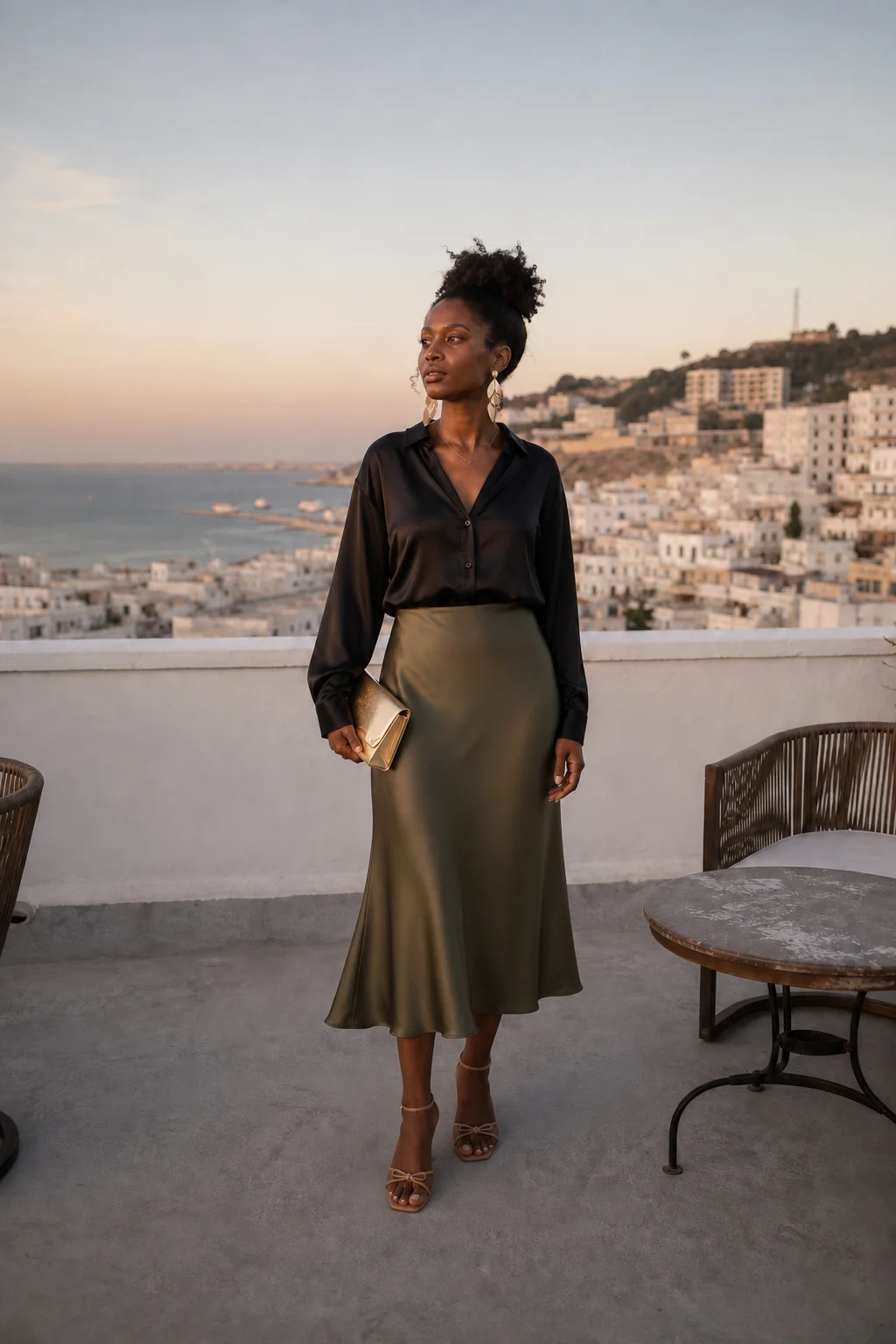 A woman in a black blouse and olive skirt stands on a rooftop terrace overlooking a coastal city at sunset.