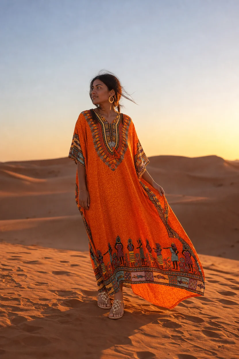 Woman in orange patterned kaftan standing on sand dunes at sunset.