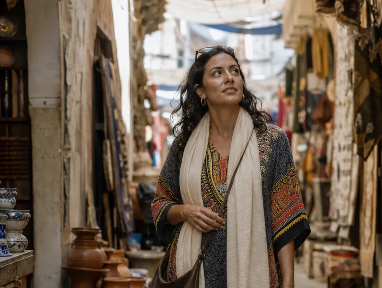 A woman walks through an Algerian souk wearing a patterned tunic dress, beige pants, and a cream scarf.