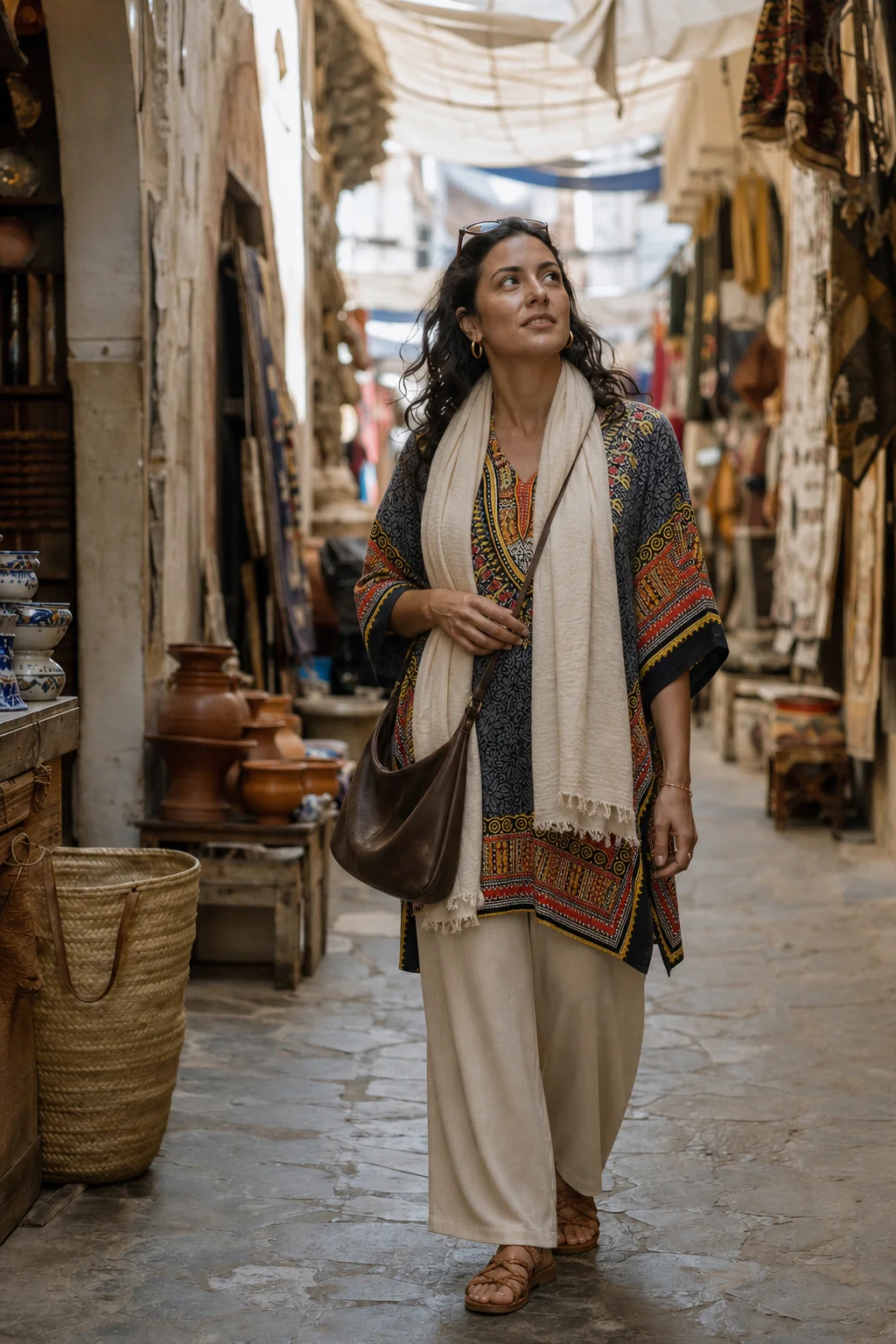 A woman walks through an Algerian souk wearing a patterned tunic dress, beige pants, and a cream scarf.