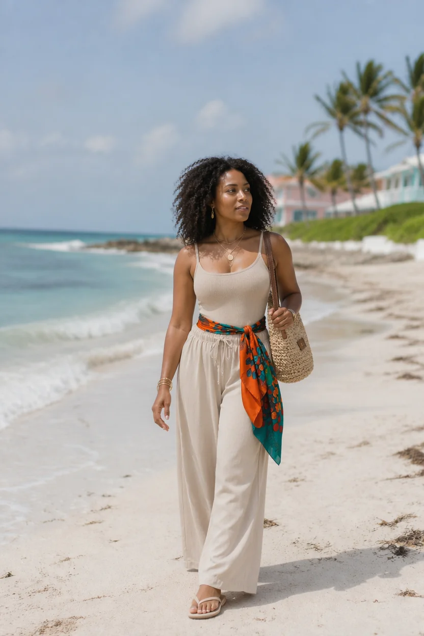 A woman walks on a Bahamian beach wearing beige palazzo pants, a tank top, and a patterned scarf tied at the waist.
