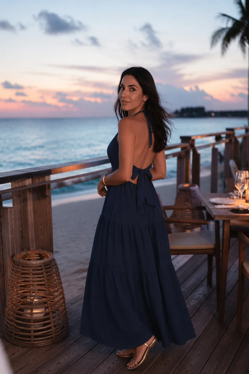Woman in navy maxi dress standing on wooden deck at beachside table with ocean view at sunset.