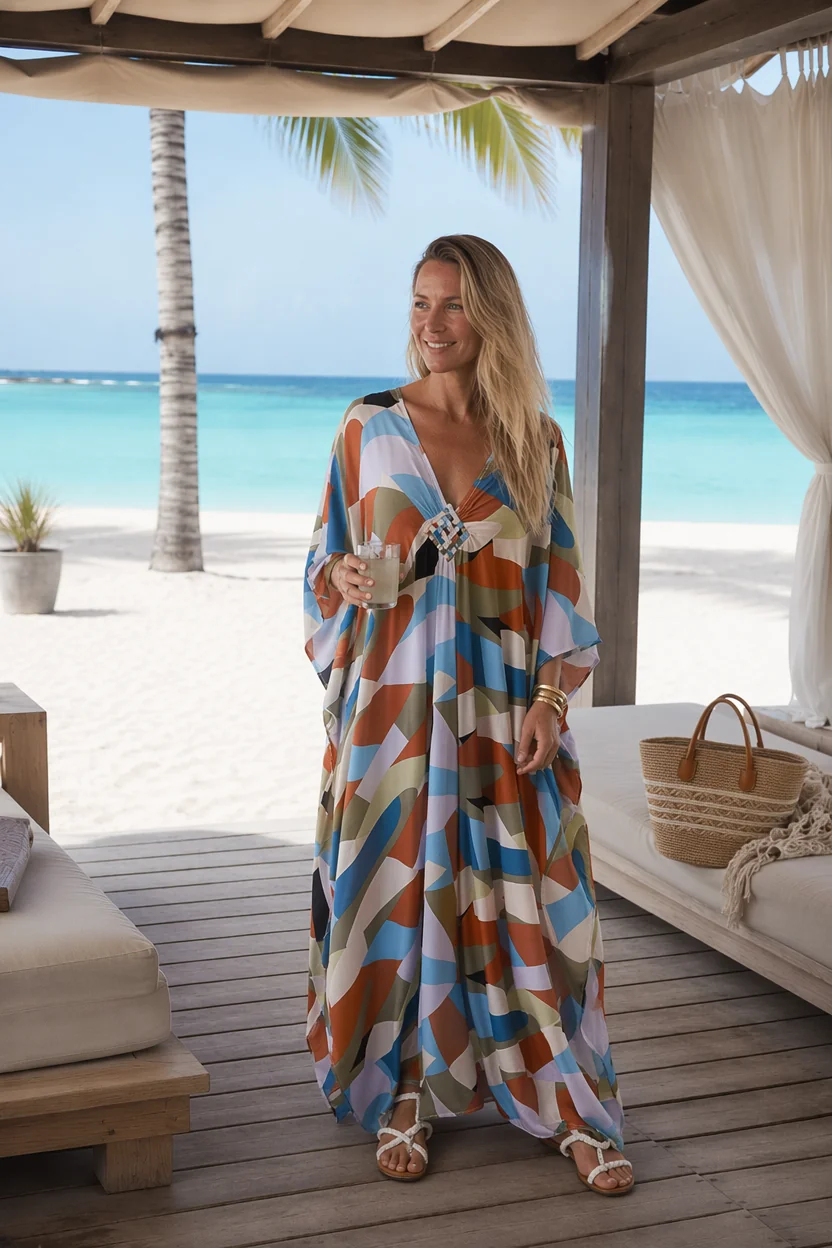 Woman in colorful kaftan holding drink on wooden deck overlooking beach.