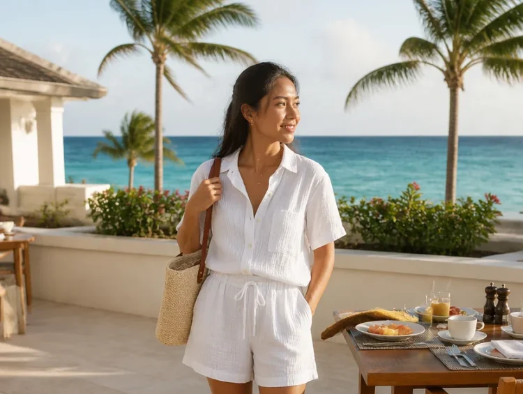 Woman in white linen shirt and shorts standing near outdoor breakfast table with ocean view.
