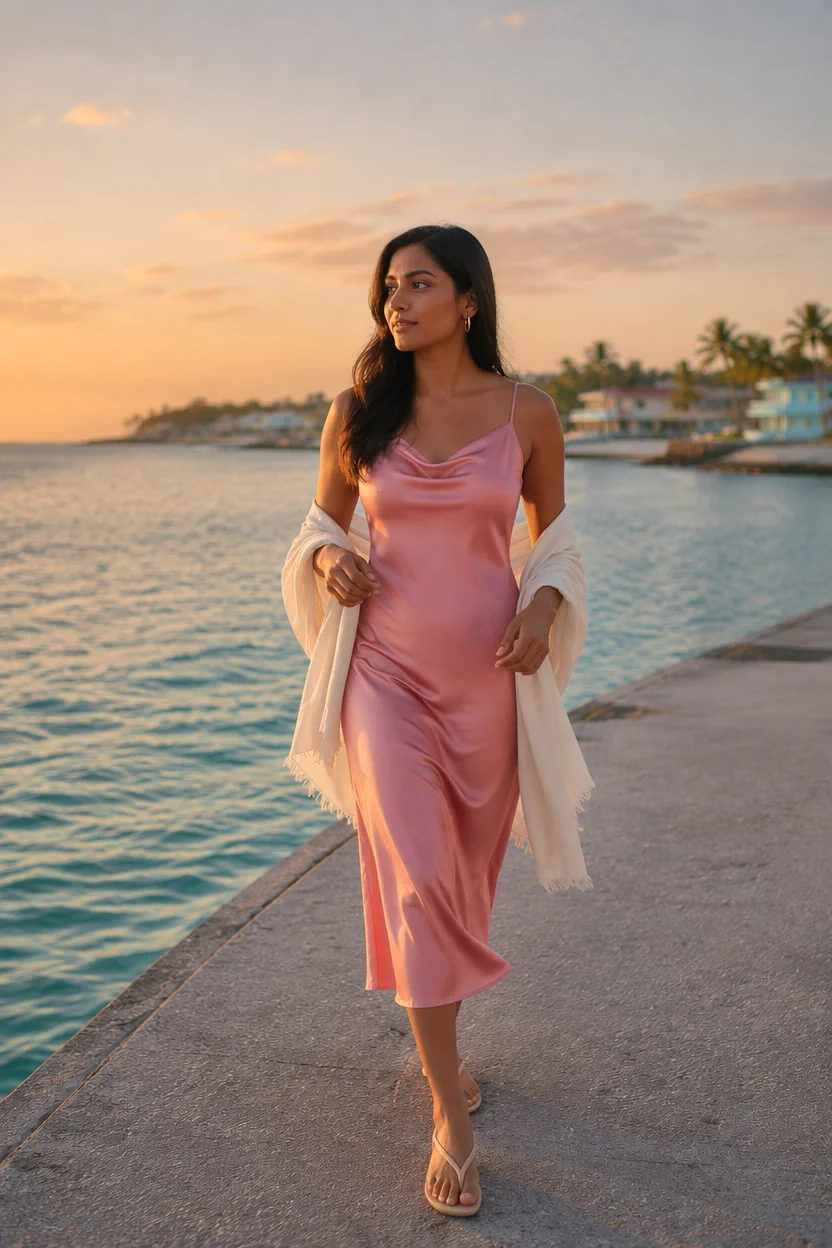 Woman in pink satin slip dress walking on waterfront pier at sunset.