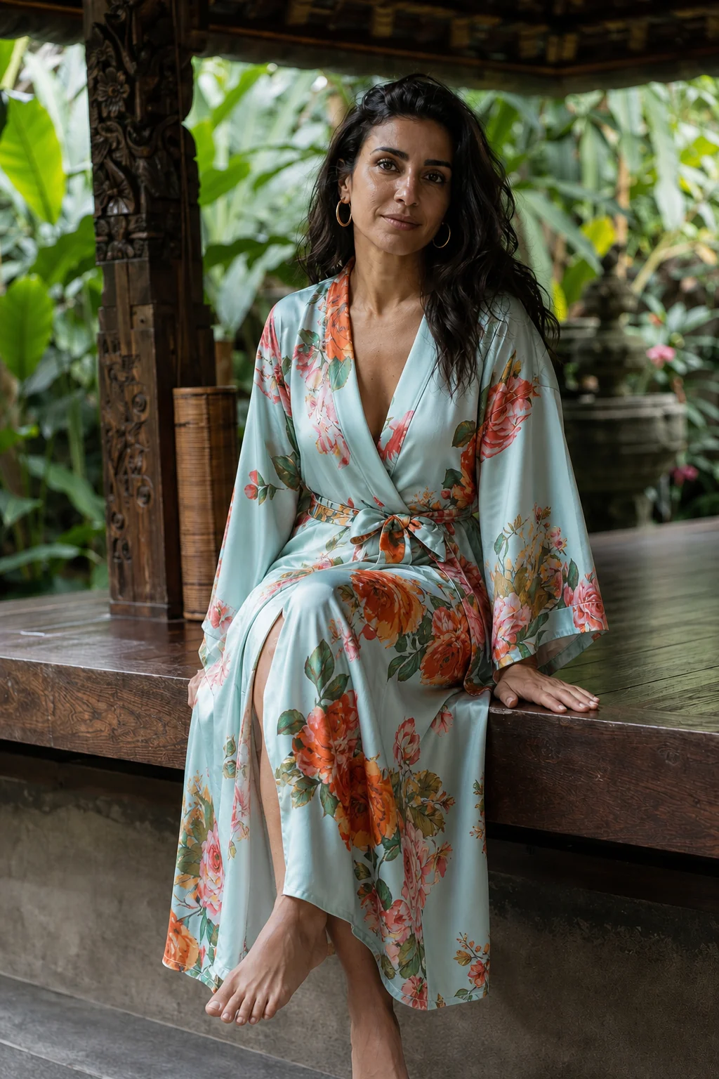 A woman in a floral silk robe sits on a wooden bench in a lush tropical garden.