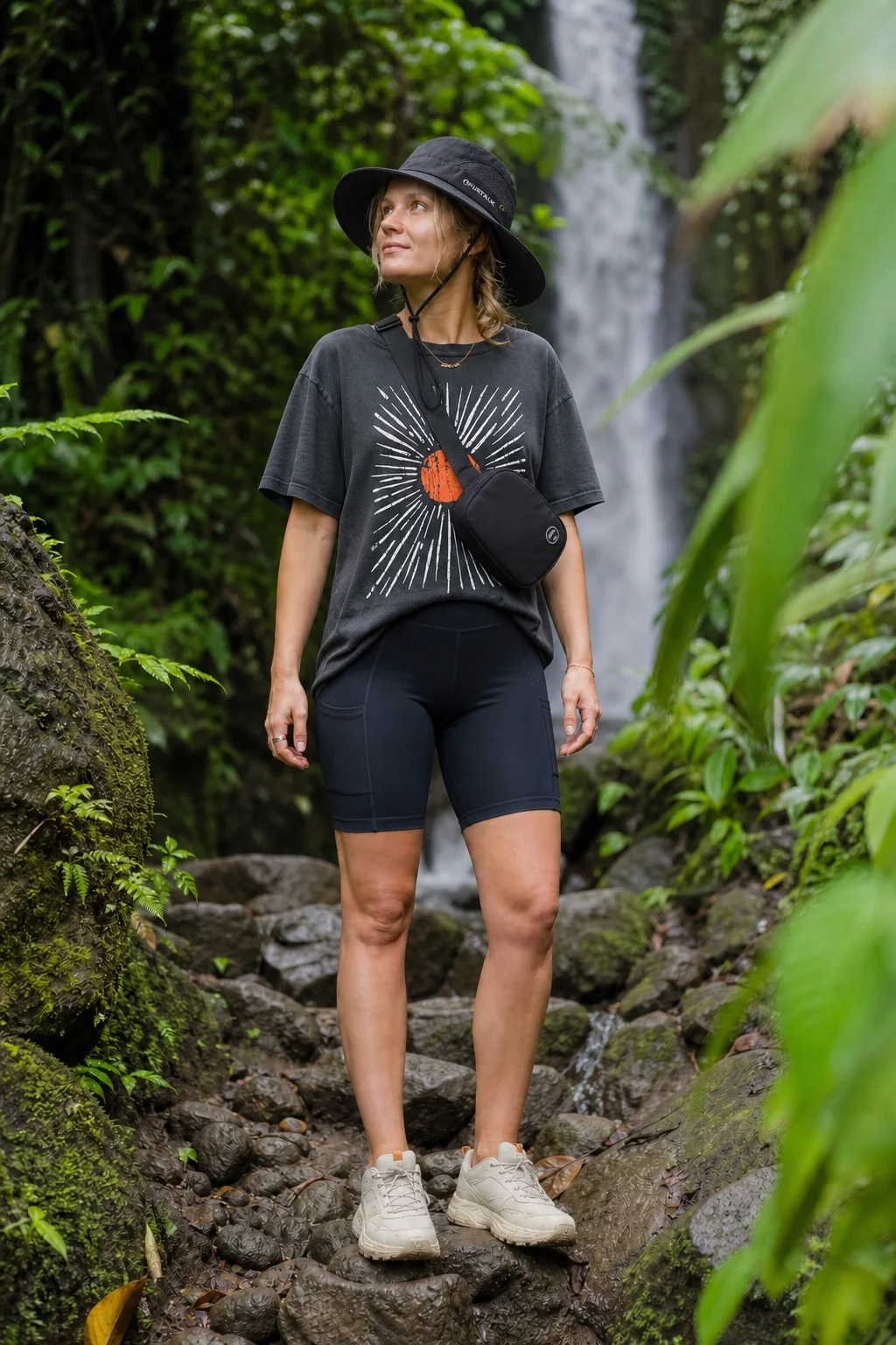 Woman wearing a graphic tee, bike shorts, and bucket hat standing on rocks near a waterfall in a jungle.