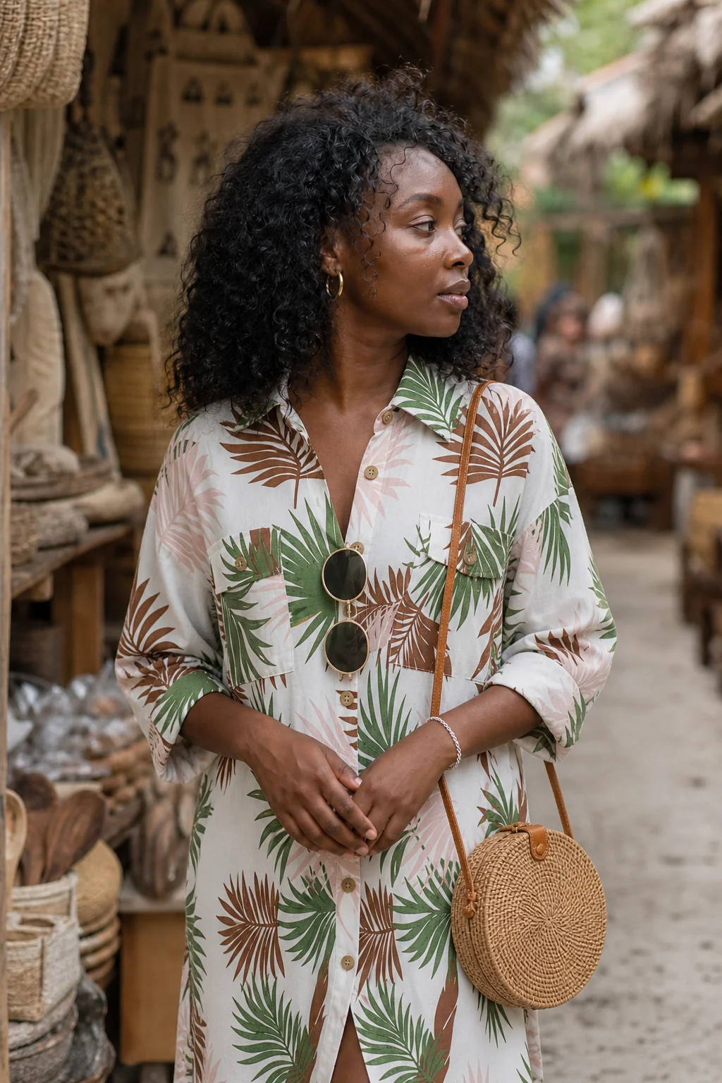 Woman with curly hair wearing a palm leaf print shirt dress, carrying a woven round bag, standing in a market stall.