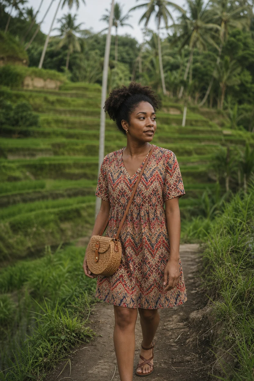 Woman in patterned dress walking on path through green rice terraces with palm trees in background.
