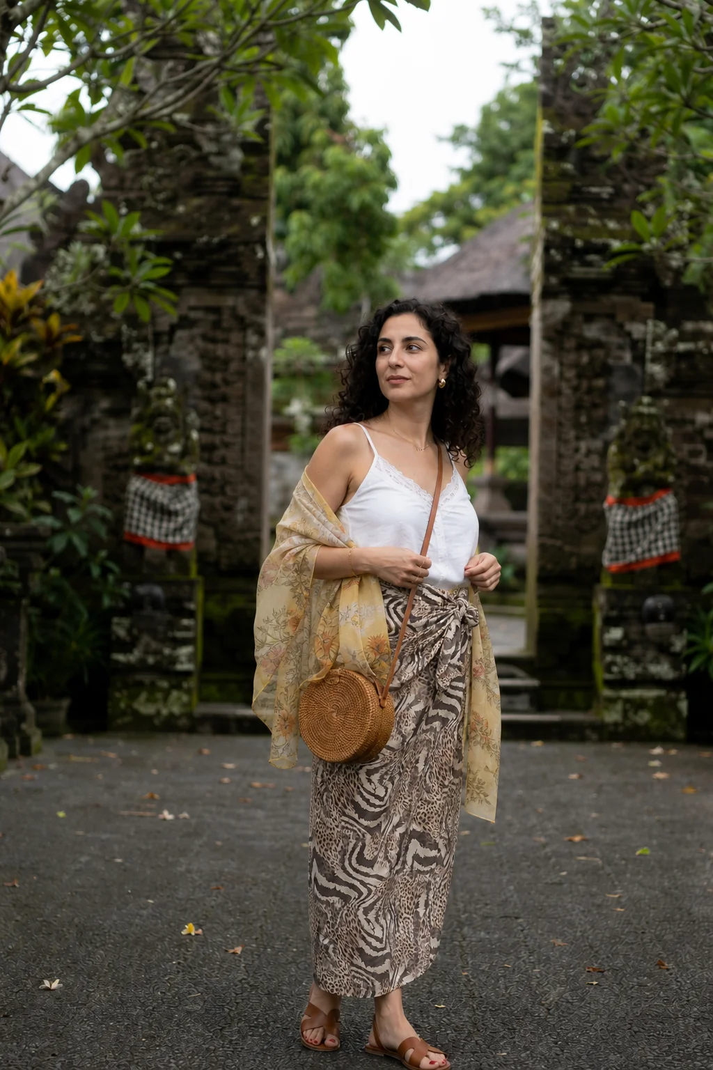 Woman wearing a white top and patterned wrap skirt, holding a woven bag, standing at a stone temple entrance in Bali.