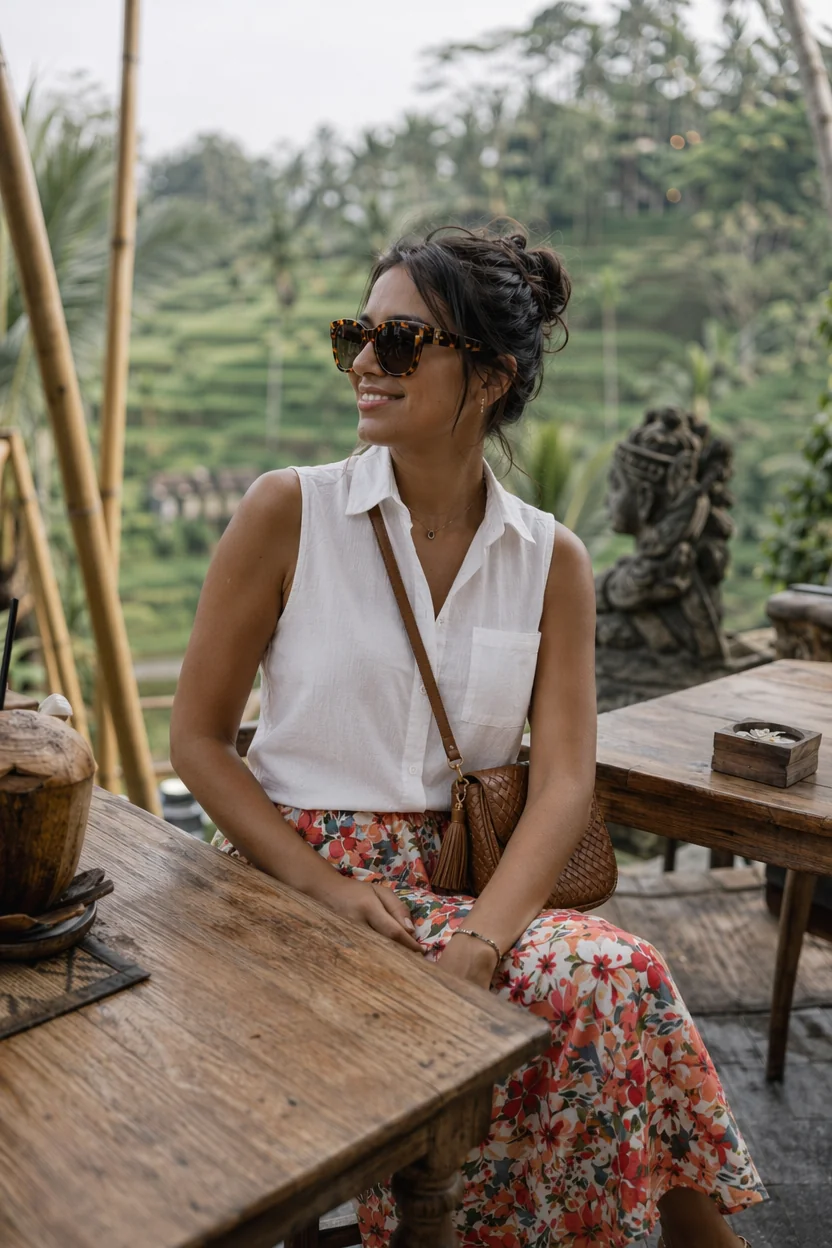 Woman in white sleeveless shirt and floral skirt sits at wooden table overlooking green rice terraces in Bali.