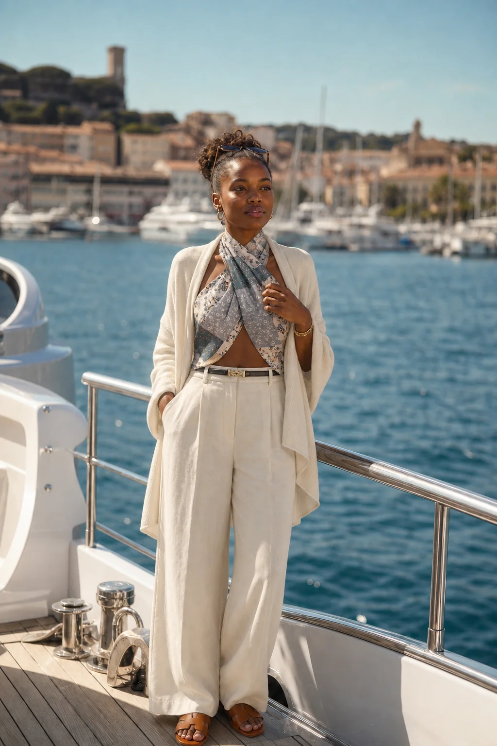 Woman in white linen trousers and open cardigan standing on yacht deck with Cannes harbor in background.
