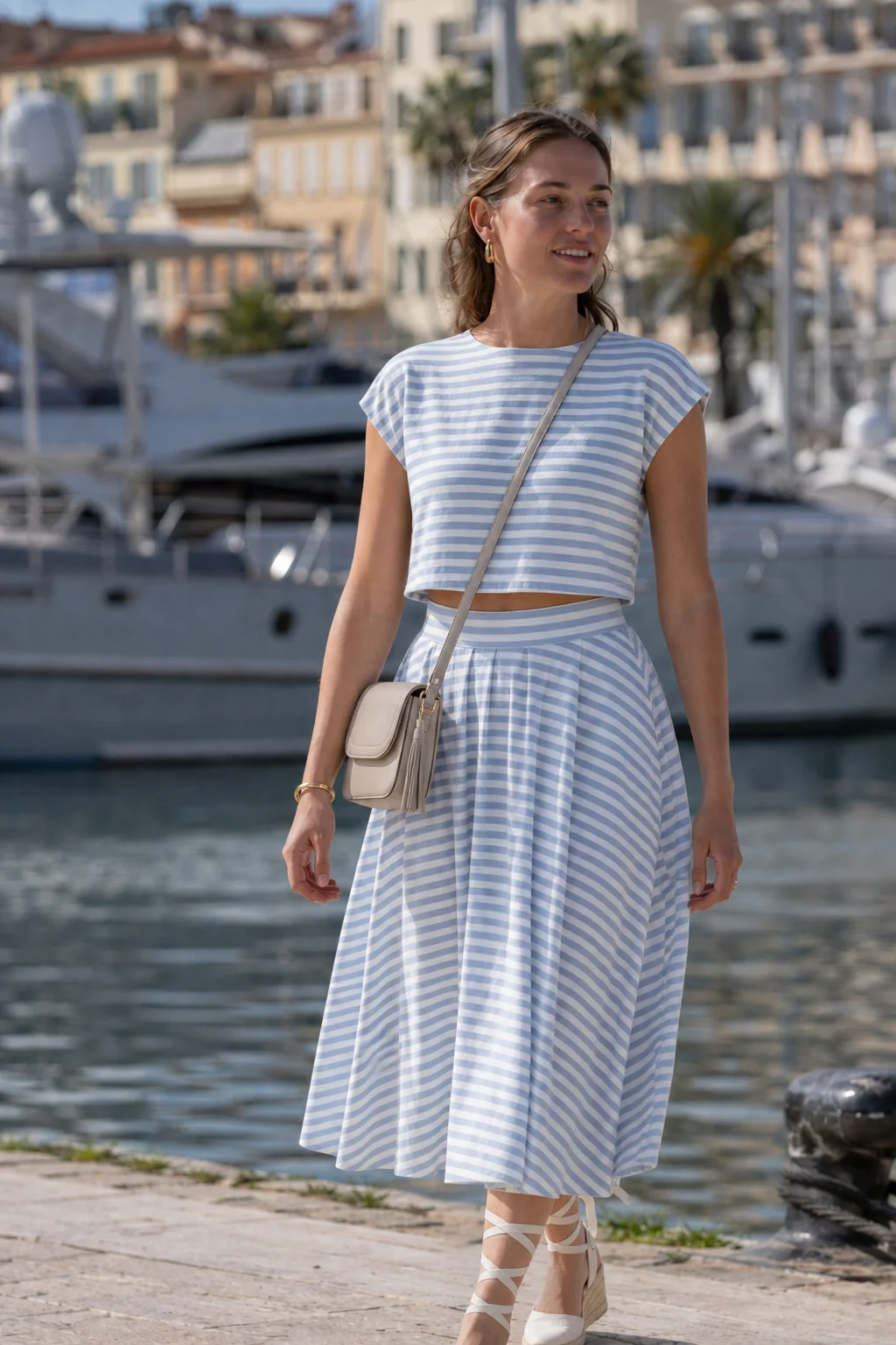 Woman in blue and white striped knit crop top and midi skirt walking along a harbor with yachts in background.