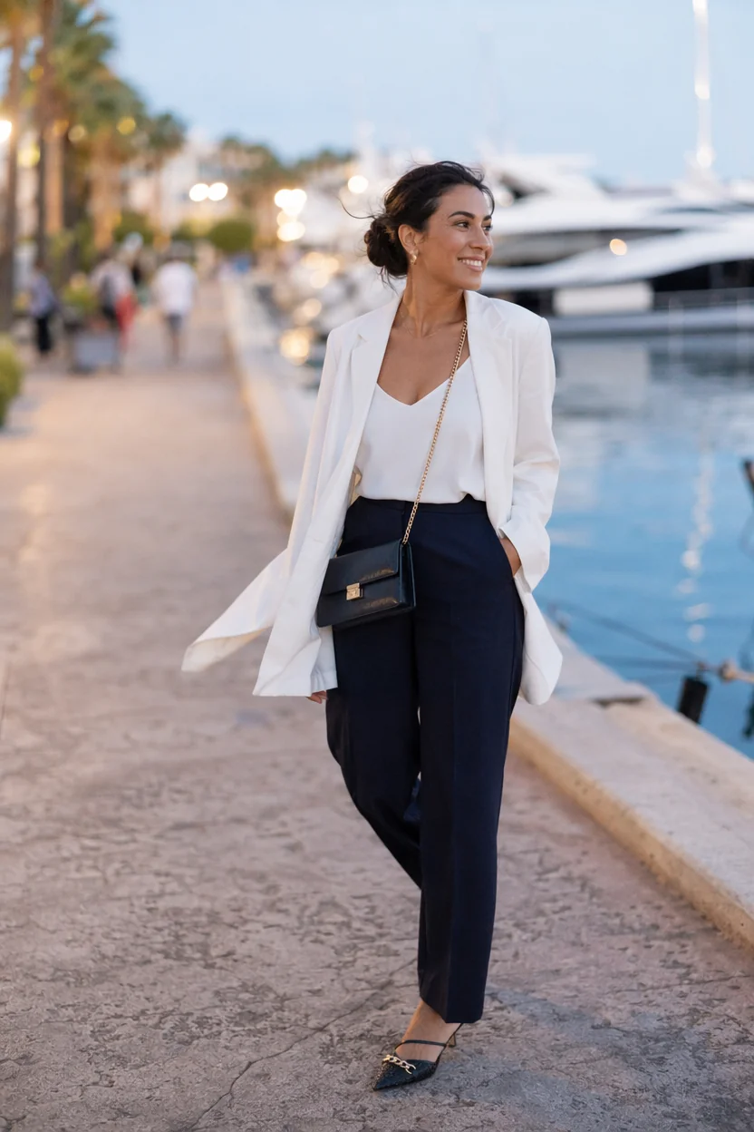 Woman in white blazer and navy trousers walking along a waterfront promenade at dusk with yachts in the background.