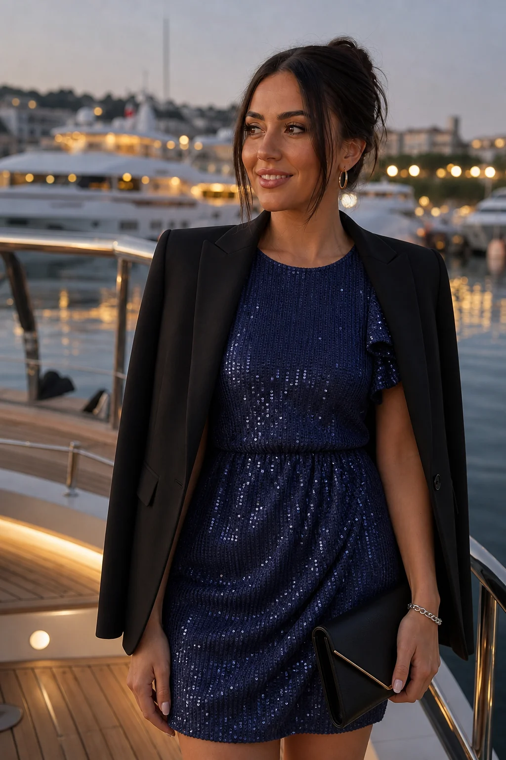 Woman in sequined navy mini dress and black blazer standing on yacht deck at dusk.