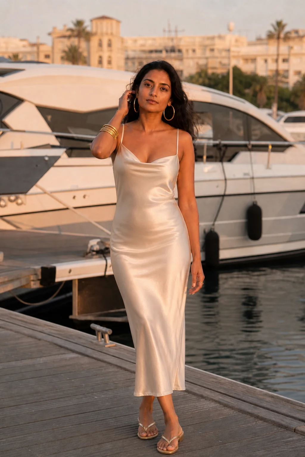 Woman in cream silk slip dress standing on wooden dock beside yacht at sunset.