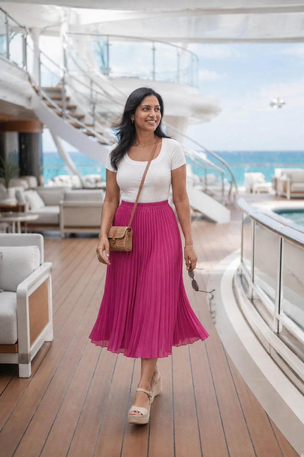 Woman walking on cruise ship deck wearing white top and pink pleated midi skirt with woven bag and sunglasses.