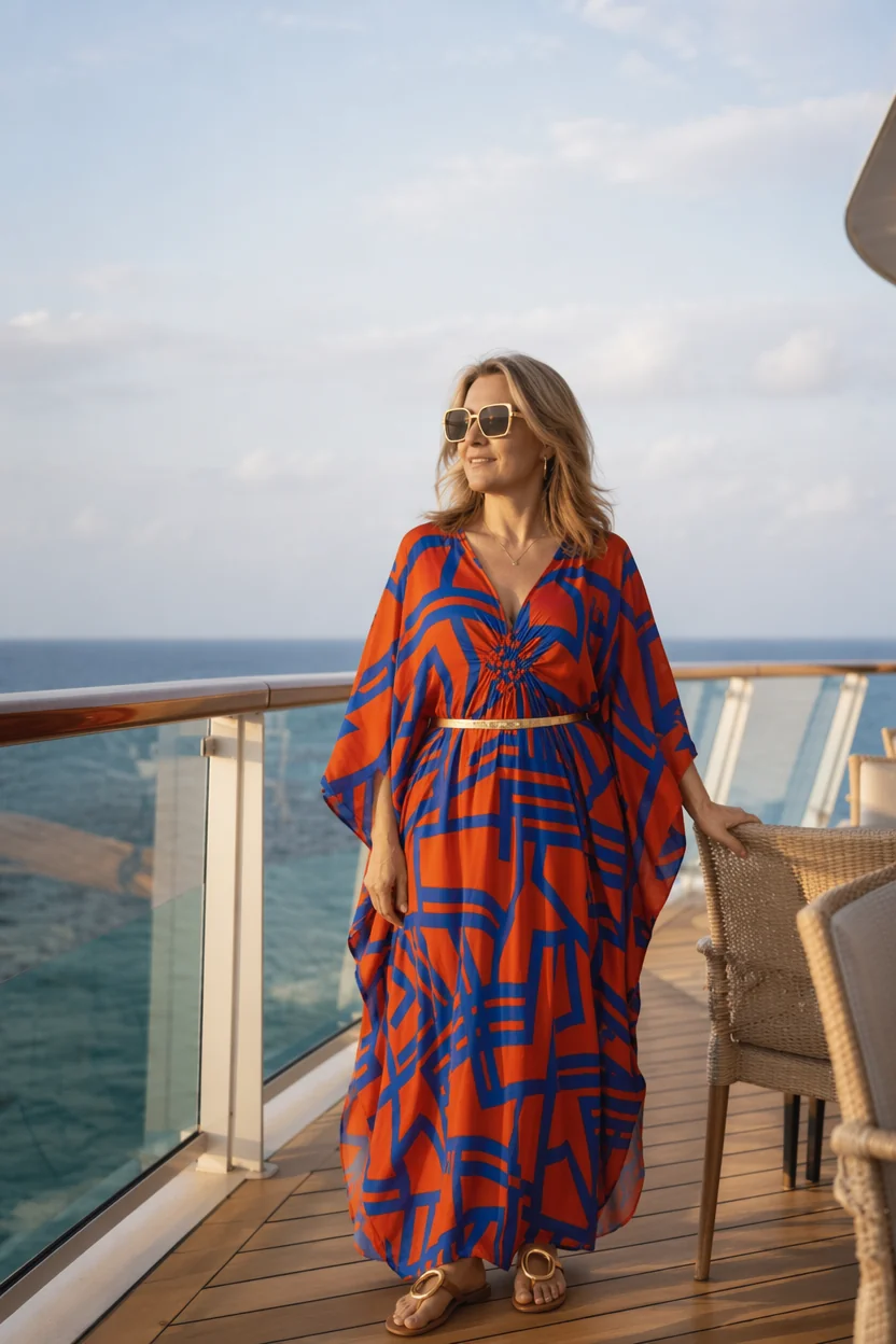 Woman in vibrant orange and blue caftan standing on cruise ship deck near railing with ocean view.