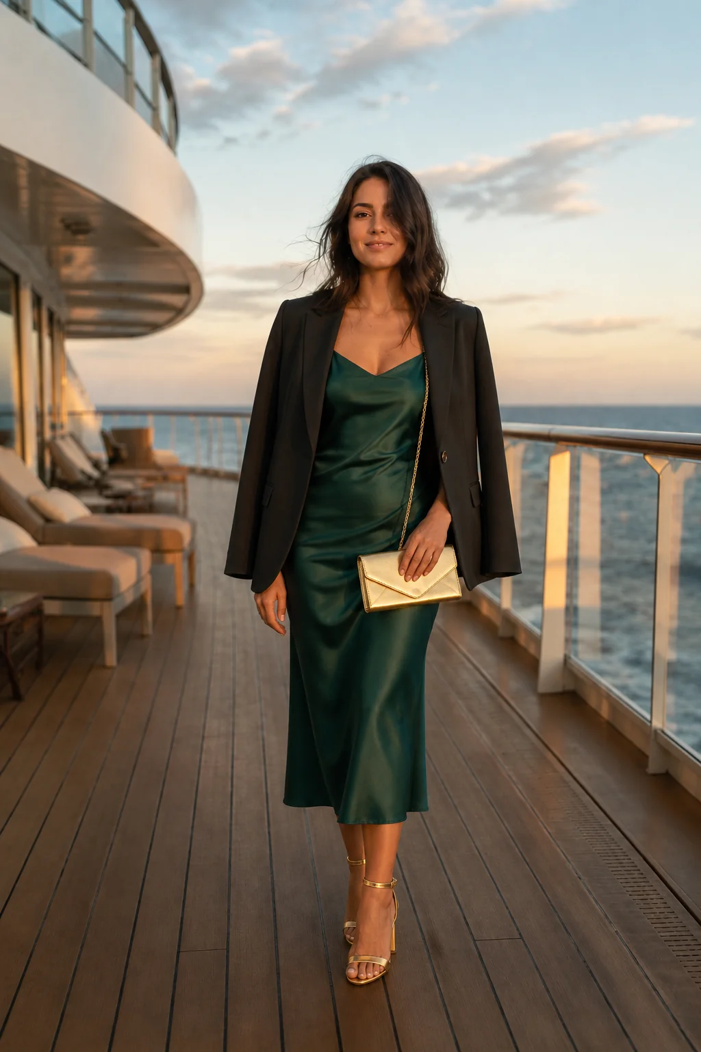 Woman in emerald slip dress and black blazer on cruise ship deck at sunset.