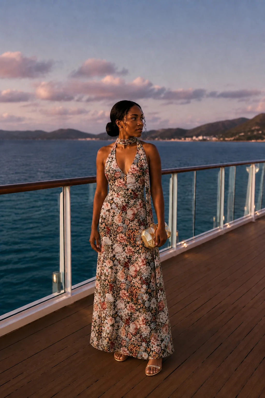 Woman in floral maxi dress standing on cruise ship deck at sunset holding clutch.