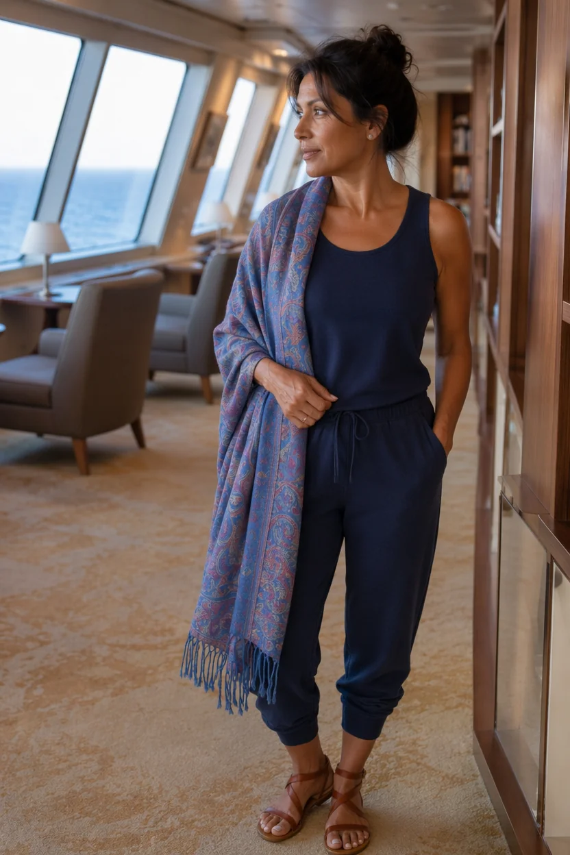 A woman in navy lounge pants and tank top, draped in a patterned scarf, standing in a cruise ship library.