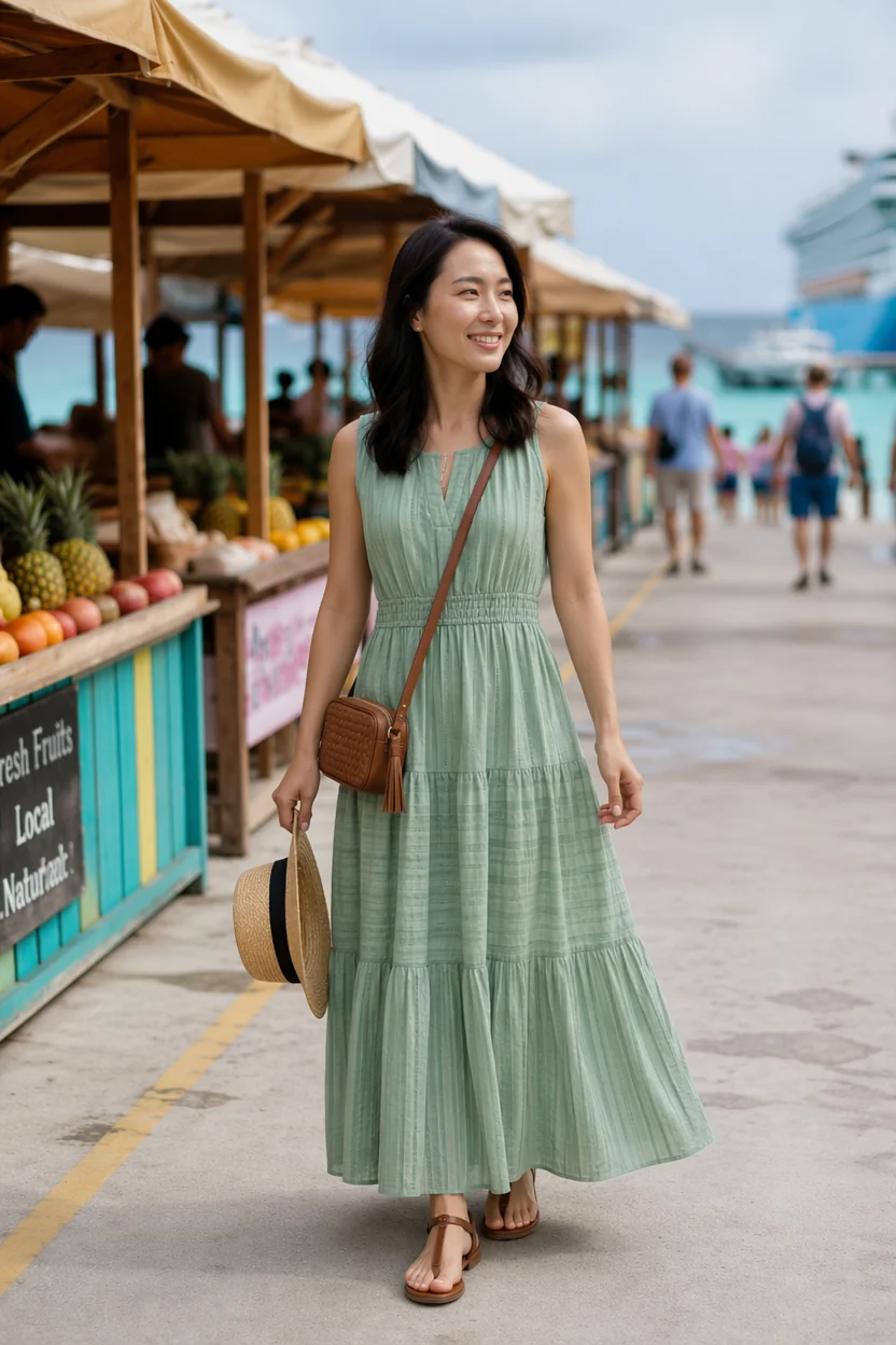 Woman in a green tiered maxi dress walking past a fruit stand on a cruise port dock.