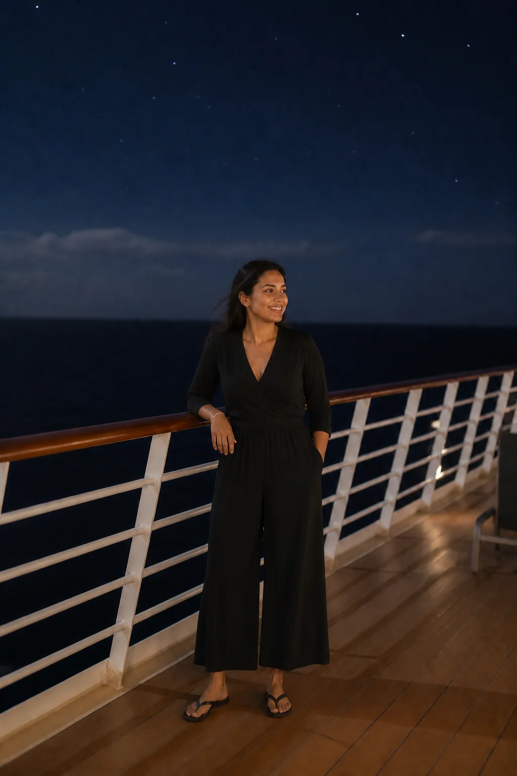 A woman in a black jumpsuit stands on a cruise ship deck at night, looking out at the ocean under a starry sky.
